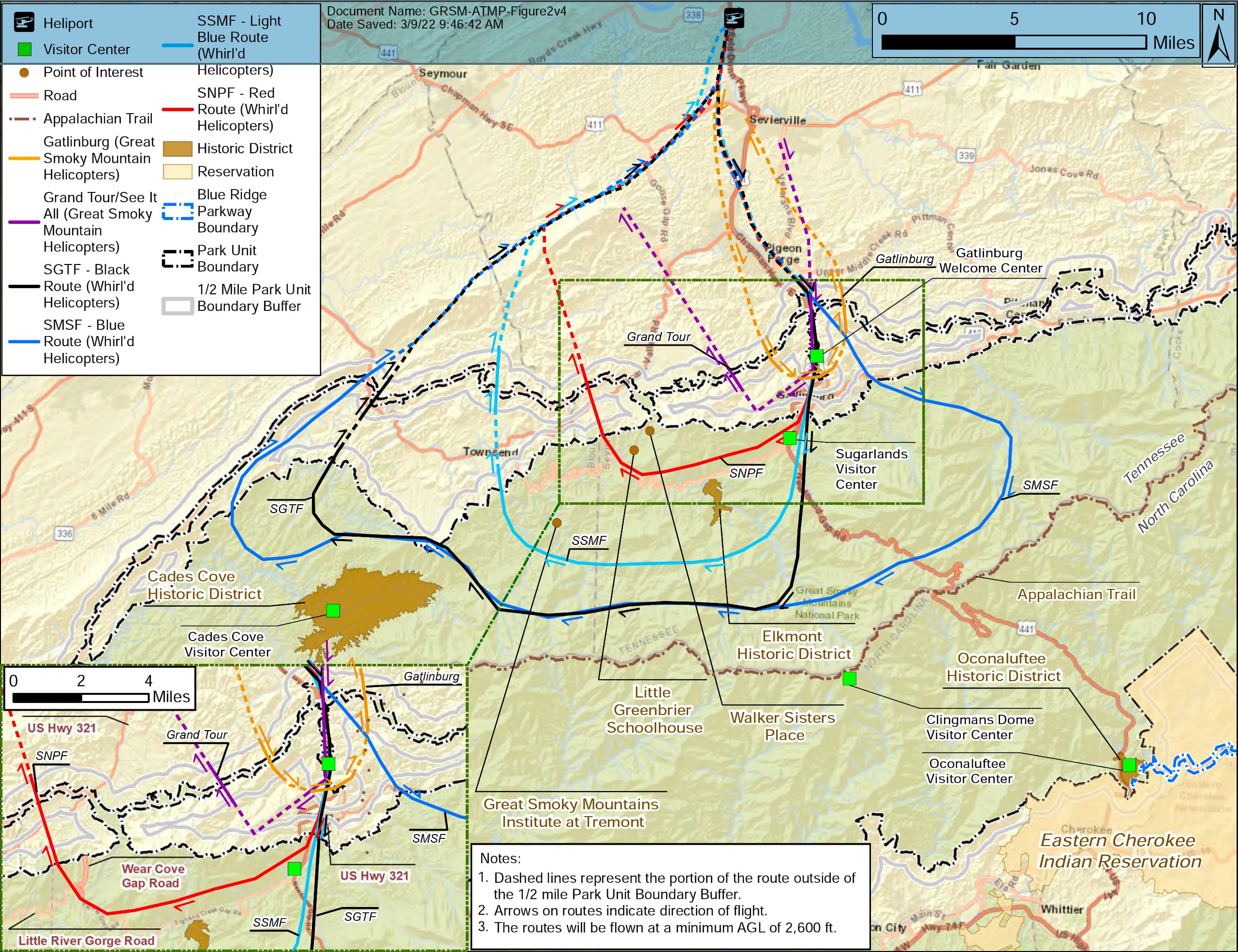 Commercial air tour routes over Great Smoky Mountains National Park